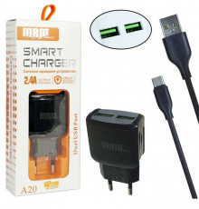 СЗУ MRM A20, 2USB, 2A + кабель MicroUSB, 1.2м (Белый)