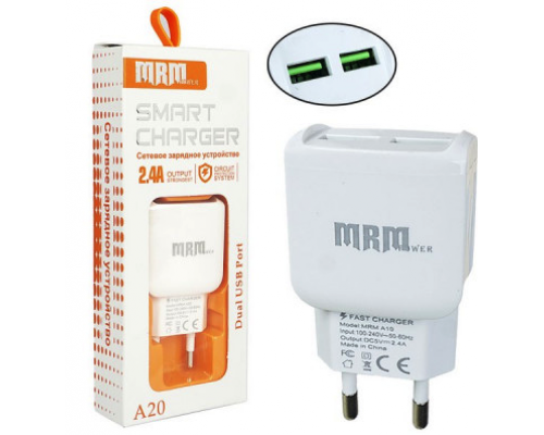 СЗУ MRM A20, 2USB, 2A + кабель MicroUSB, 1.2м (Белый)