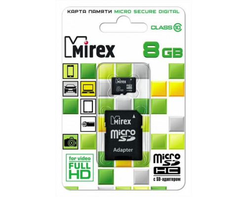 Карта памяти microSD 8GB Mirex microSDHC Class 10 (SD адаптер)