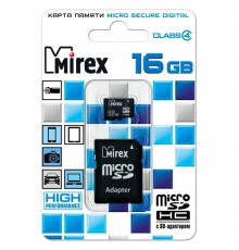 Карта памяти microSD 16GB Mirex microSDHC Class 4 (SD адаптер)