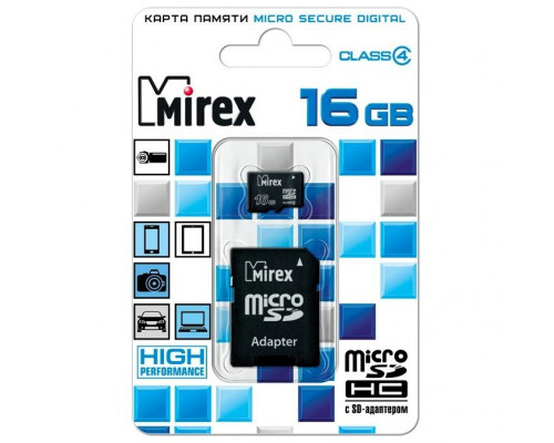 Карта памяти microSD 16GB Mirex microSDHC Class 4 (SD адаптер)