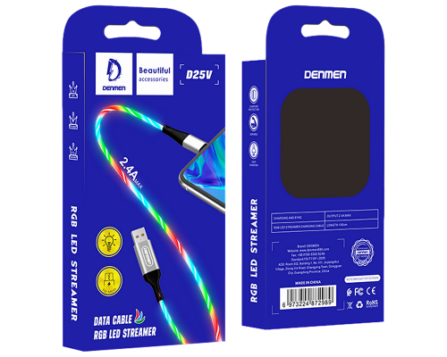 USB кабель Denmen D25L Lightning светящийся (1m/2.4A) (silver)