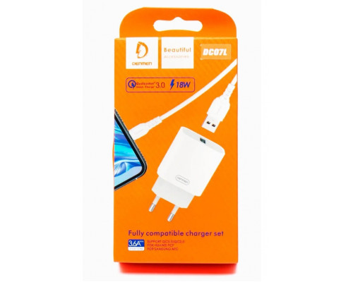 СЗУ Denmen DC07L QC3.0 1USB + кабель Lightning (3.6A/18W) (white)