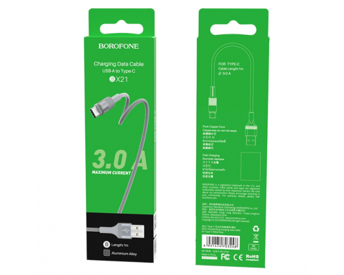 USB кабель Type-C Borofone BX21 Nylon 3,0A (1м) Серый