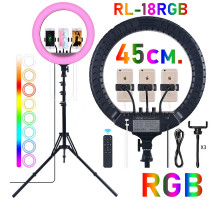 Кольцевая лампа RL-18 RGB 45x6.5см (3 режима яркости,пульт,креплениедля телефона) + штатив (black)