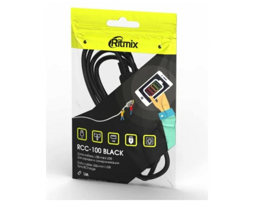 Кабель Ritmix RCC-100, USB - miniUSB, 1м (Чёрный)