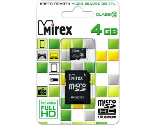 Карта памяти microSD 4GB Mirex microSDHC Class 4 (SD адаптер)