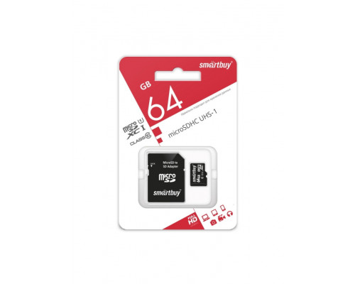 Карта памяти MicroSD  64GB  Smart Buy Class 10 + SD адаптер