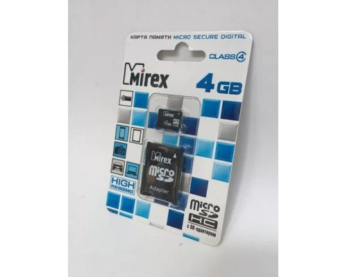 Карта памяти microSD 4GB Mirex microSDHC Class 4 (SD адаптер)