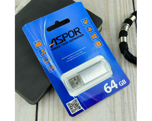 Flash Drive 64G USB 2.0 Aspor PK_ROCKETSL (серебро) нс